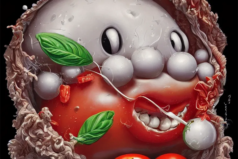 Prompt: a highly detailed happy tomato is playing with mozzarella balls, some sliced in half, basil leaves flying all over, playful vibe, full body, wide angle, an ultrafine detailed painting by joe fenton, trending on deviantart, pop surrealism, whimsical, lowbrow, perfect symmetrical face, sharp focus, octane, masterpiece