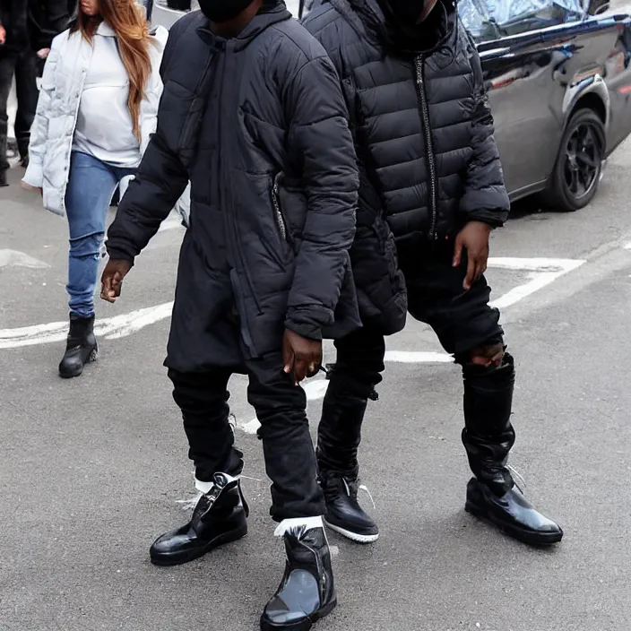 Image similar to kanye west using a full face covering black mask, a small bright blue round puffer jacket made of nylon and big black rubber boots,