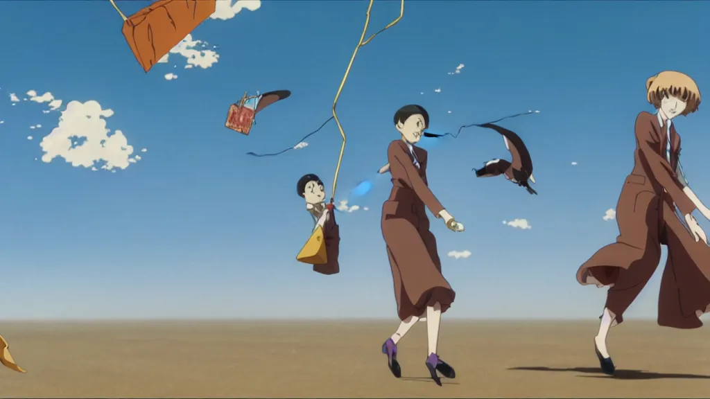 Image similar to a woman wearing a brown dress suit and a pigeon mask surfing on a kite the air in Tokyo, anime film still from the an anime directed by Katsuhiro Otomo with art direction by Salvador Dalí, wide lens