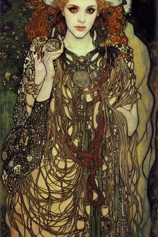 Image similar to Elven Queen by (Gustav Klimt), ((Alphonse Mucha)), Ayami Kojima, and ((Arthur Rackham))