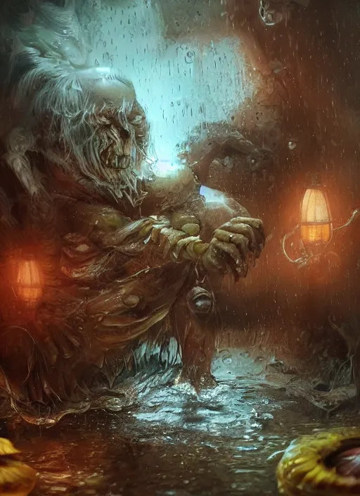 Prompt: digital painting of a wet smily monster in the rain, with translucent skin, veiny, long freaky finger, by filipe pagliuso and justin gerard, fantasy, highly detailed, realistic, intricate, glowing eyes