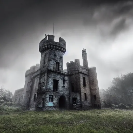 Prompt: abandoned castle, ultra realistic, 4 k, dark, gritty, ominous, purple fog, decrepit