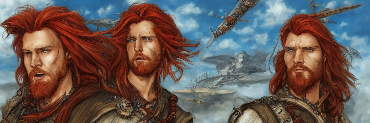 Prompt: colored pencils an epic fantasy comic book style portrait painting of a long haired, red headed male sky - pirate in front of an airship, character sheet, fine details, concept design, contrast, kim jung gi, pixar and da vinci, trending on artstation, 8 k, 3 6 0 head, turnaround, front view, back view, ultra wide angle