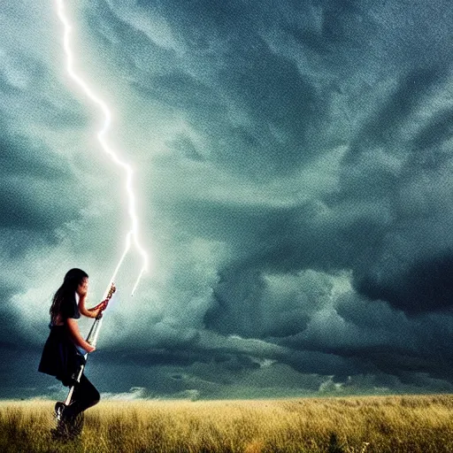 Image similar to young girl playing flute, birch forest clearing, storm at night, lightning dragons race down toward her, low angle facing sky, cinematic, dramatic lighting, big storm clouds, high contrast