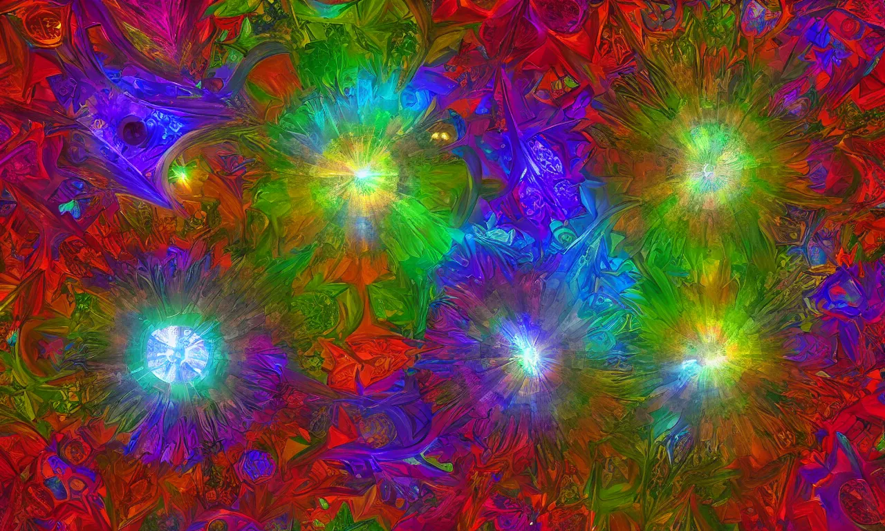 Image similar to voronoi engine laboratory 3 d volume kaleidoscope mandala fractal chakra digital multicolor stylized concept substance liquid nebula stone, a spectacular view cinematic rays of sunlight comic book illustration, by john kirby radiating a glowing aura global illumination ray tracing hdr depth fog overlay multiply photoshop layer