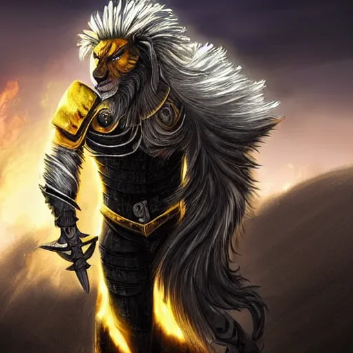 Image similar to Lionman with white hair and glowing yellow eyes wearing leather armor, walking towards the camera, burning city in background, charred landscape, full body art, wielding a longsword, fantasy art, Dim Lighting