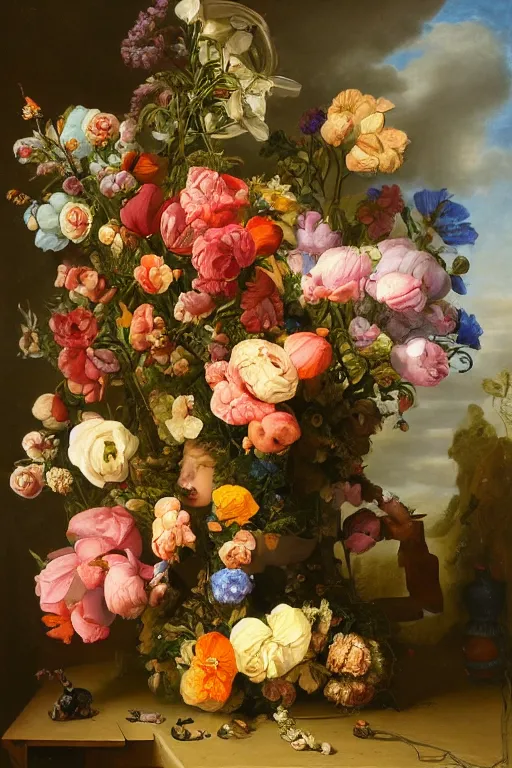 Prompt: painting of human flowers in a vase on a table, by rachel ruysch, pop surrealism, biomorphic, made of men