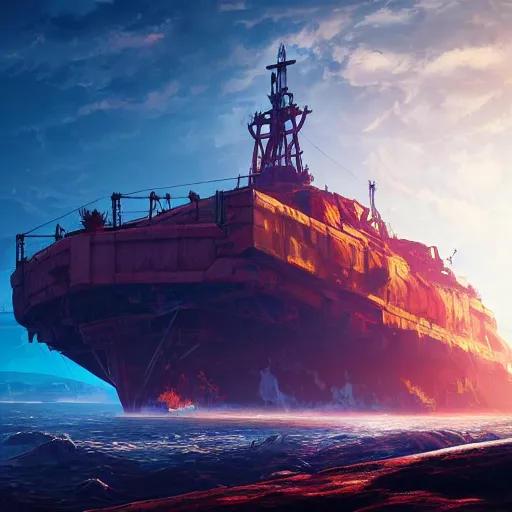 Prompt: soviet white cargo ship of horizon forbidden west horizon zero dawn bioluminiscence global illumination ray tracing hdr fanart arstation by ian pesty and alena aenami artworks