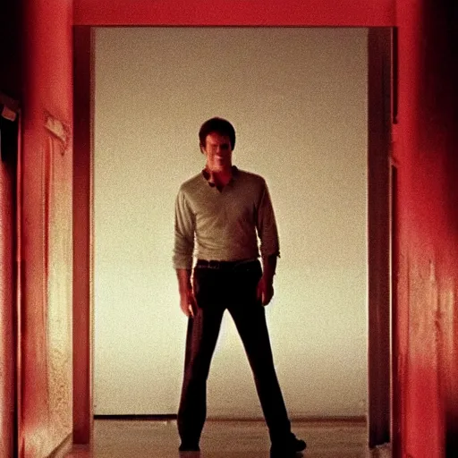 Prompt: dexter morgan in the shining movie iconic photo