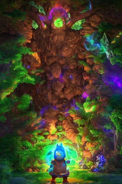 Image similar to arcane fantasy art giant golem elemental wood rock bastion forged gemstone enchanted forest troll, global illumination ray tracing hdr fanart arstation by sung choi and eric pfeiffer and gabriel garza and casper konefal lisa frank zbrush central hardmesh radiating a glowing aura