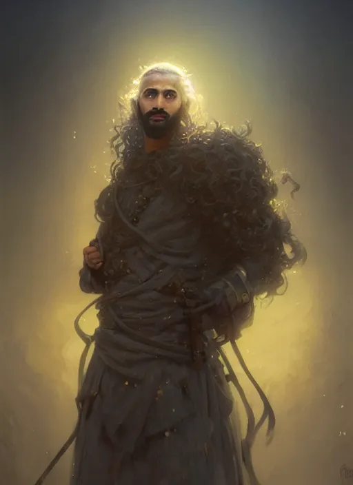 Image similar to highly detailed portrait arab man curly hair knight, hero, yellow charcoal, stephen bliss, 8 k, unreal engine, fantasy art by greg rutkowski, loish, rhads, ferdinand knab, makoto shinkai and lois van baarle, ilya kuvshinov, rossdraws, tom bagshaw, global illumination, radiant light, detailed and intricate environment