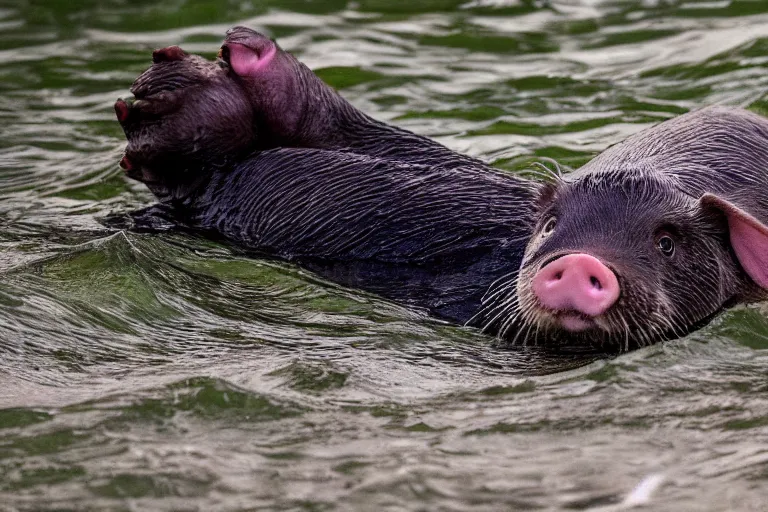 Prompt: a pig sea otter!!! hybrid! hyper realistic!! realistic lighting!! wildlife photographer of the year!!! bold natural colors, national geographic, hd, wide angle, 8 k