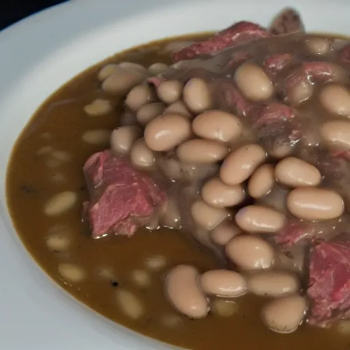 Image similar to raw meat chunks in white gravy with beans,