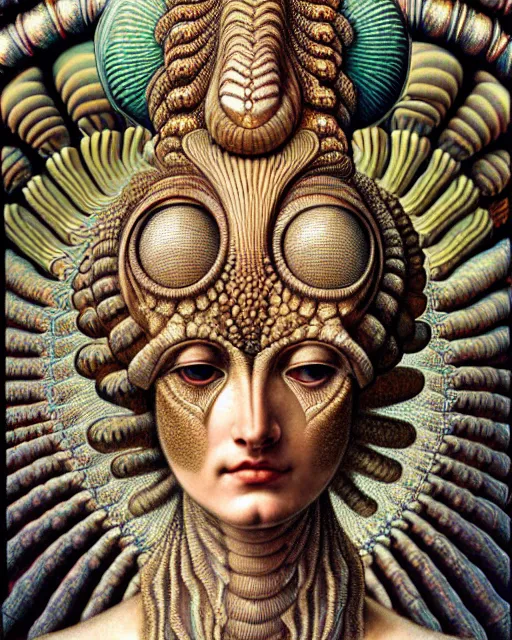 Prompt: hyperrealistic detailed face portrait of the beautiful goddess of the giant isopods with an intricate golden ornamental geometrical fractal giant isopod masked headdress, art by ernst haeckel, john william godward, android jones, h. r. giger, gothic - cyberpunk, ornamental, dimmed pastel colours,