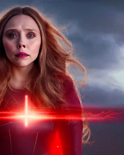 Image similar to movie still of elizabeth olsen as the scarlet witch afloat!!!!! in the air with red glowing eyes, emanating red magic!!!!! from her palms, full - body portrait, trending on artstation, 8 k quality, cgsociety contest winner, artstation hd, artstation hq, luminous lighting, beautiful cloudy atmosphere