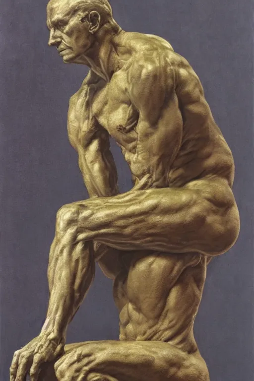 Prompt: beautiful oil clean painting of the thinker sculpture by auguste rodin connected to complex machine by wayne barlowe, rembrandt, complex, stunning, realistic skin color, 4 k, high res, awardwinning, masterpiece
