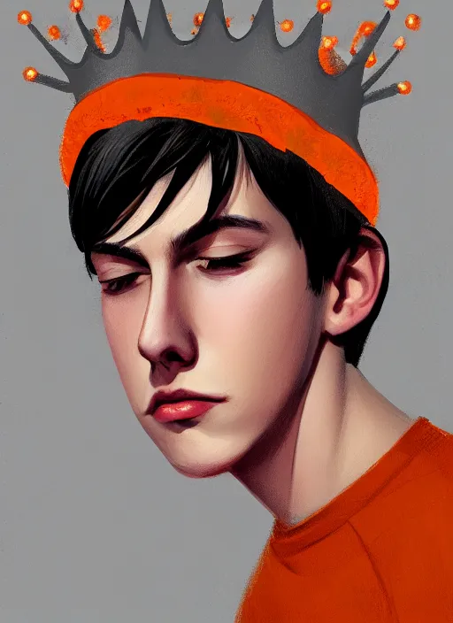 Image similar to portrait of teenage jughead jones wearing a light grey crown, crown, hamburger background, eyes closed, crown, black hair, orange, intricate, elegant, glowing lights, warm lighting, highly detailed, digital painting, artstation, concept art, smooth, sharp focus, illustration, art by wlop, mars ravelo and greg rutkowski