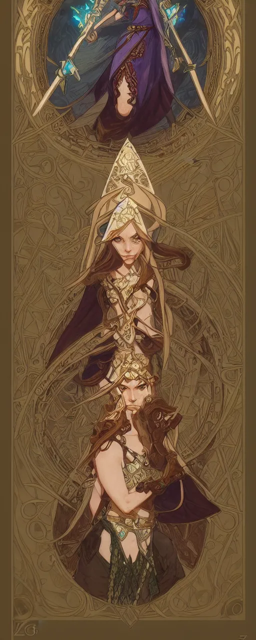 Image similar to legend of Zelda art nouveau, D&D, fantasy, intricate, elegant, highly detailed, digital painting, artstation, concept art, matte, sharp focus, illustration, hearthstone, art by Artgerm and Greg Rutkowski and Alphonse Mucha