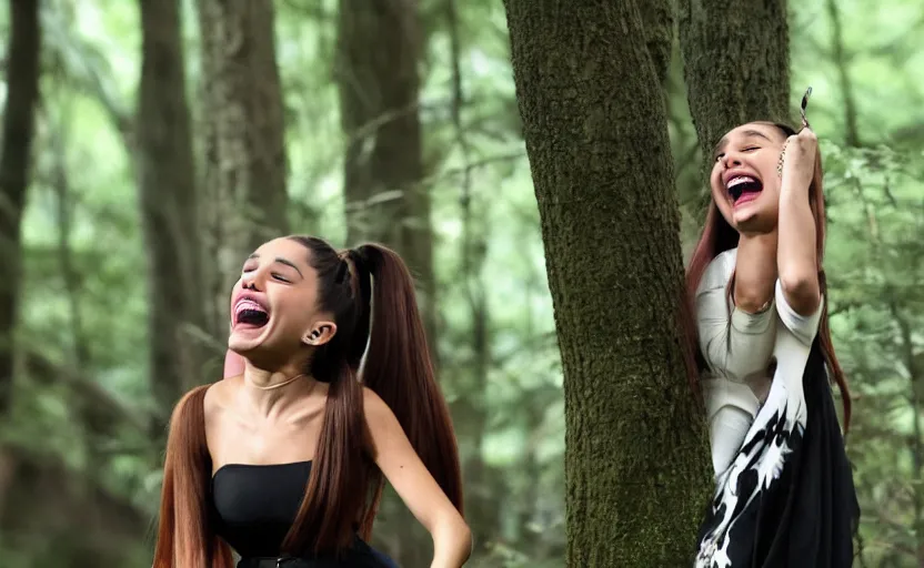 Image similar to ariana grande maniacally laughing in a dark forest