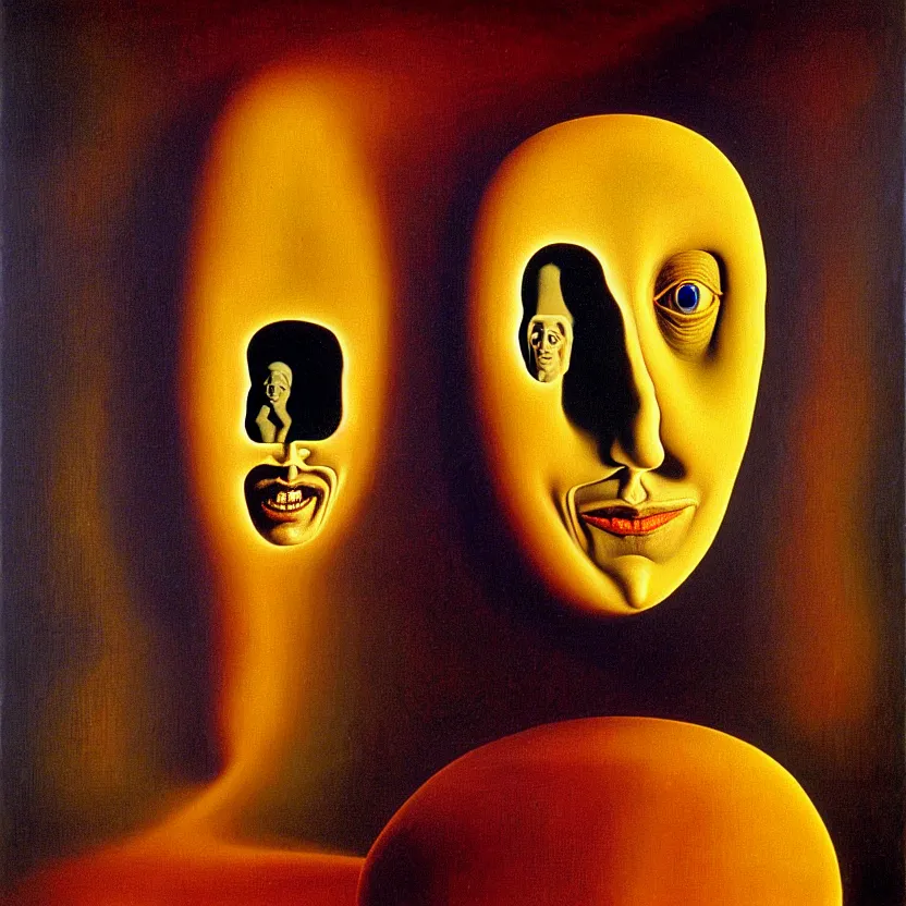 Prompt: a face coming out of a face coming out of a face, recursion, surreal, by salvador dali and max ernst, oil on canvas, weird, dreams, fantasy, soft lighting, warm colors