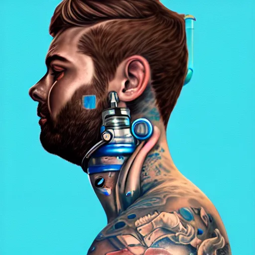 Prompt: a profile photo of a man with underwater oxygen mask and a cylinder on back with tattoos on arm and neck, side profile in underwater, highly detailed, digital painting, artstation, illustration by Sandra Chevrier