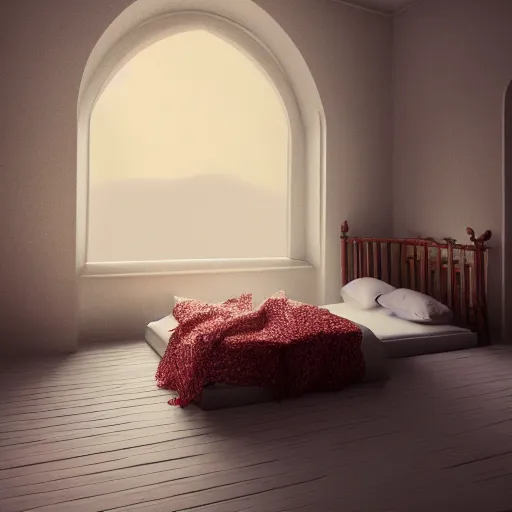 Image similar to illustration oil paint of a place where i can sleep forever in a bed of 1 0 0 0 cotton lines, silk sleep in heave for though eternity is the biggest mystery ever invented, creativity, intricate illustration of peace and faith, high detailed, octane render, volumetric shadows, 8 k, 4 0 mm, iso 1 0 0 wide view, super lens