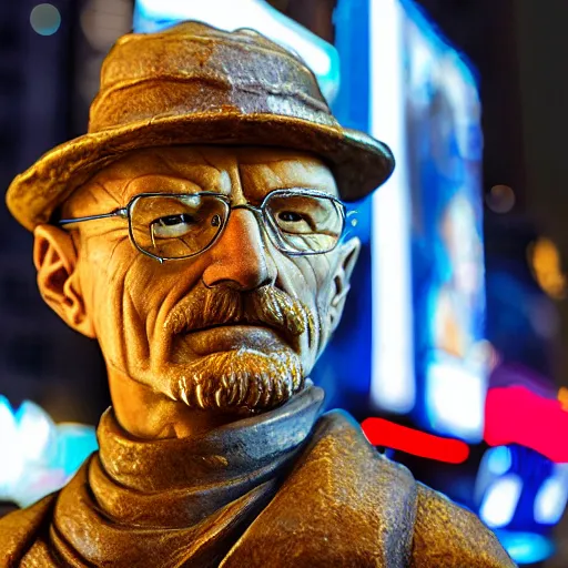 Image similar to a photograph of a very detailed renaissance sculpture of walter white wearing a smurf hat standing in times square, made by michelangelo, from the distance, hyper detailed, sharp focus, 8 k resolution, ray tracing