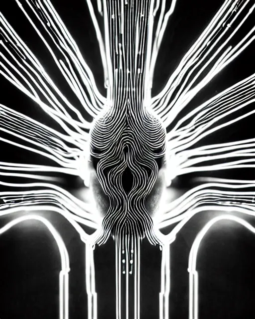 Image similar to black and white connected cyborg - plant goddess high quality photo, microchip, artificial intelligence, bio - mechanical bio - luminescence, black wired cables, neurons, nerve cells, cinematic, rim light, photo - realistic, elegant, high detail, 8 k, masterpiece, high fashion, in the style of man ray