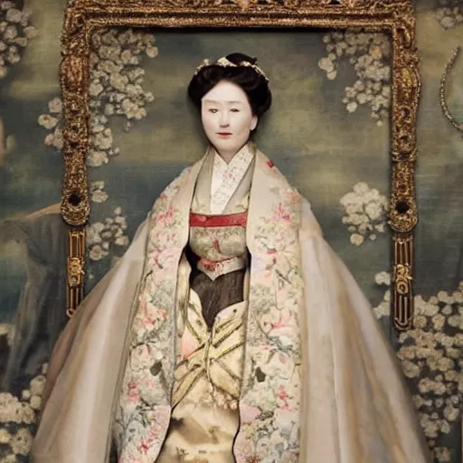 Prompt: An empress bridal ensemble is shown in a museum in a 1900s historical fantasy portrait that combines Russian and Japanese influences.