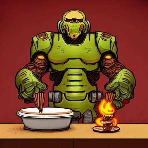 Prompt: doom guy baking a cake, wholesome, detailed, artstation