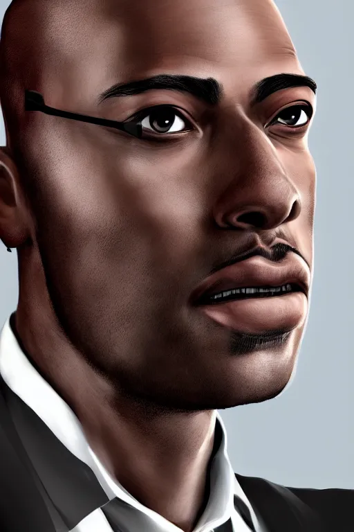 Prompt: epic professional digital corporate headshot art of handsome bald african pilot, 4 5 mm lens, facing front, by neal adams and joelle jones, best on artstation, cgsociety, wlop, epic, much wow, much detail, gorgeous, detailed, cinematic, masterpiece