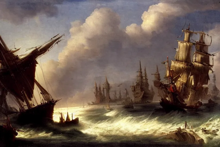 Image similar to painting starship landing over harbor by hubert robert very very detailed cinematic galleon