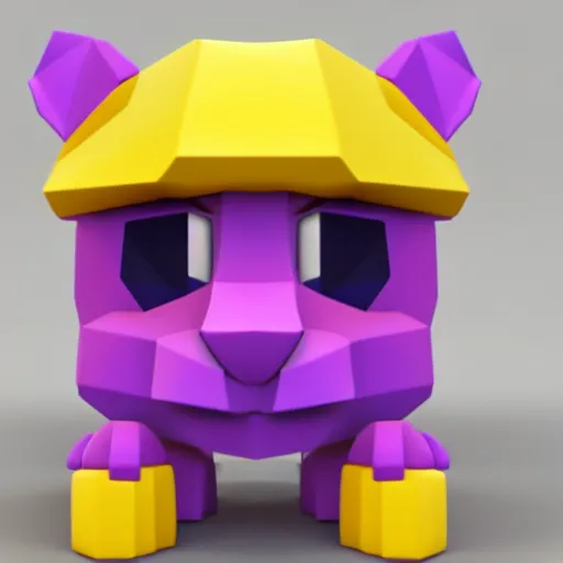 Image similar to a small purple animal with a yellow box on its head, a low poly render by miyamoto, polycount, rayonism, low poly, polycount, rendered in maya