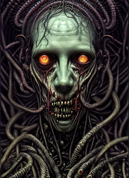 Prompt: portrait of a lovecraft zombie, hyper detailed masterpiece, dystopian background, jean giraud, digital art painting, darkwave goth aesthetic, lovecraftian, artgerm, donato giancola and tom bagshaw