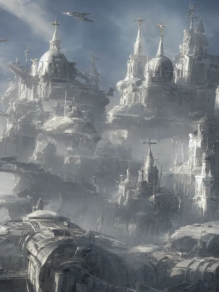 Prompt: a large dieselpunk spaceship is standing in the air over a splendid white church in russia, full morning sun, matte painting by craig mullins, greg rutkowski, james gurney