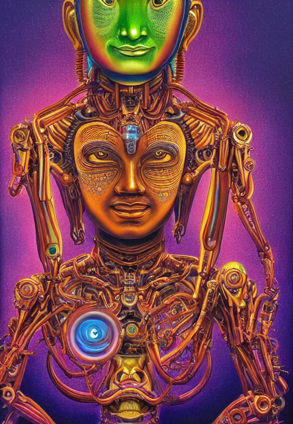 Prompt: a perfectly centered portrait of an alien biomechanical robot buddha, female, intense stare, sarcastic smile, volumetric lighting, volumetric shadows, highly detailed, psychedelic colors, realistic oil painting by tim hilderbrandt and alex grey,