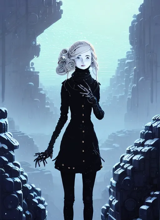 Prompt: highly detailed portrait of a giddy frostpunk long blonde hair lady with short form fitting black dress, stray wiring by atey ghailan, james gilleard, by joe fenton, by greg rutkowski, by greg tocchini, by kaethe butcher, 4 k resolution, gradient blue, black and white color scheme!!! ( ( glaciated robotic dystopian city background ) )