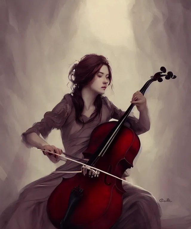 Prompt: bard playing cello by charlie bowater and titian and artgerm, full body portrait, intricate, face, elegant, beautiful, highly detailed, dramatic lighting, sharp focus, trending on artstation, artstationhd, artstationhq, unreal engine, 4 k, 8 k