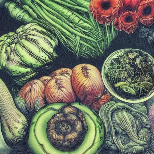 Prompt: a beautiful plate of vegetables, by junji ito, by laurie lipton, by bernie wrightson, masterpiece, stunning, hyper realistic, lots of colours, 8 k