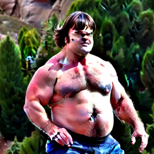 Image similar to one person. jack black and the rock as a single portly buff man