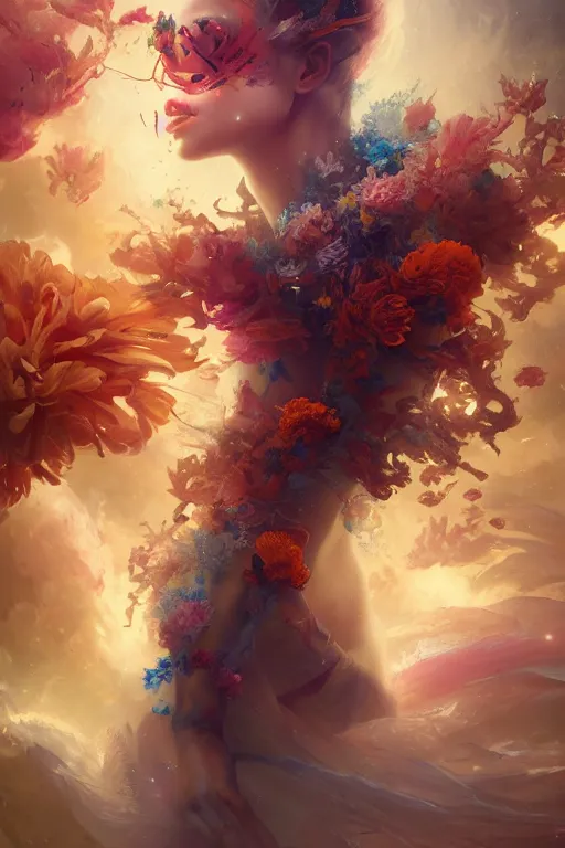 Prompt: a beautiful girl exploding into coral reef and fractal, 3 d render, hyper realistic detailed portrait, holding magic flowers, ruan jia, wlop. scifi, fantasy, hyper detailed, octane render, concept art, by peter mohrbacher, by wlop, by ruan jia