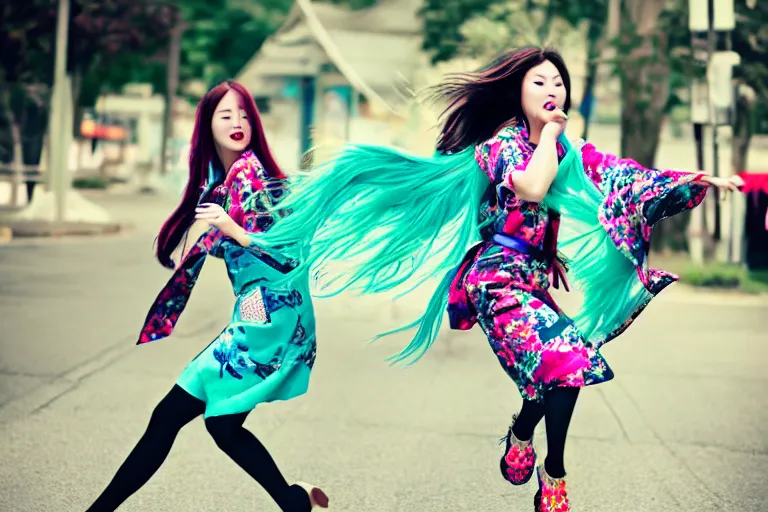 Prompt: photo, young woman running from monster, high heels, colorful kimono