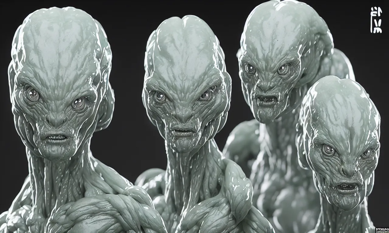 Prompt: strong translucent wax aliens casted in reflective epoxy resin box, high detail, small features, from new movie by digital domain and weta digital, strong ambient occlusion