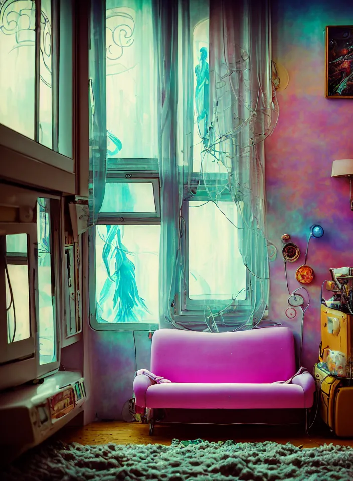 Prompt: telephoto 7 0 mm f / 2. 8 iso 2 0 0 photograph depicting the feeling of chrysalism in a cosy safe cluttered french sci - fi ( art nouveau ) cyberpunk apartment in a pastel dreamstate art cinema style. ( sofa ) ( ( fish tank ) ), ambient light.