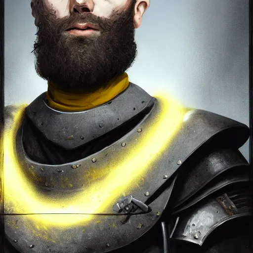Image similar to Closeup of frustrated male medieval sergeant with a {short} beard wearing a {black!!!! and yellow tabard} over a steel breastplate and a black gambeson looking up from a map on a table, intricate, dramatic lighting illustration by Greg Rutkowski, ArtStation, digital art, fantasy