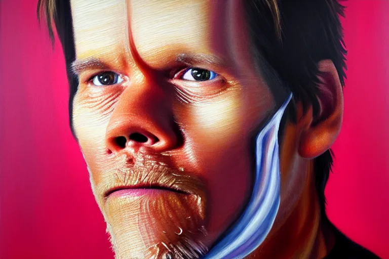 Image similar to an ultra realistic painting of kevin bacon, bacon rasher wrapped around his face, 8 k, cinematic, movie still