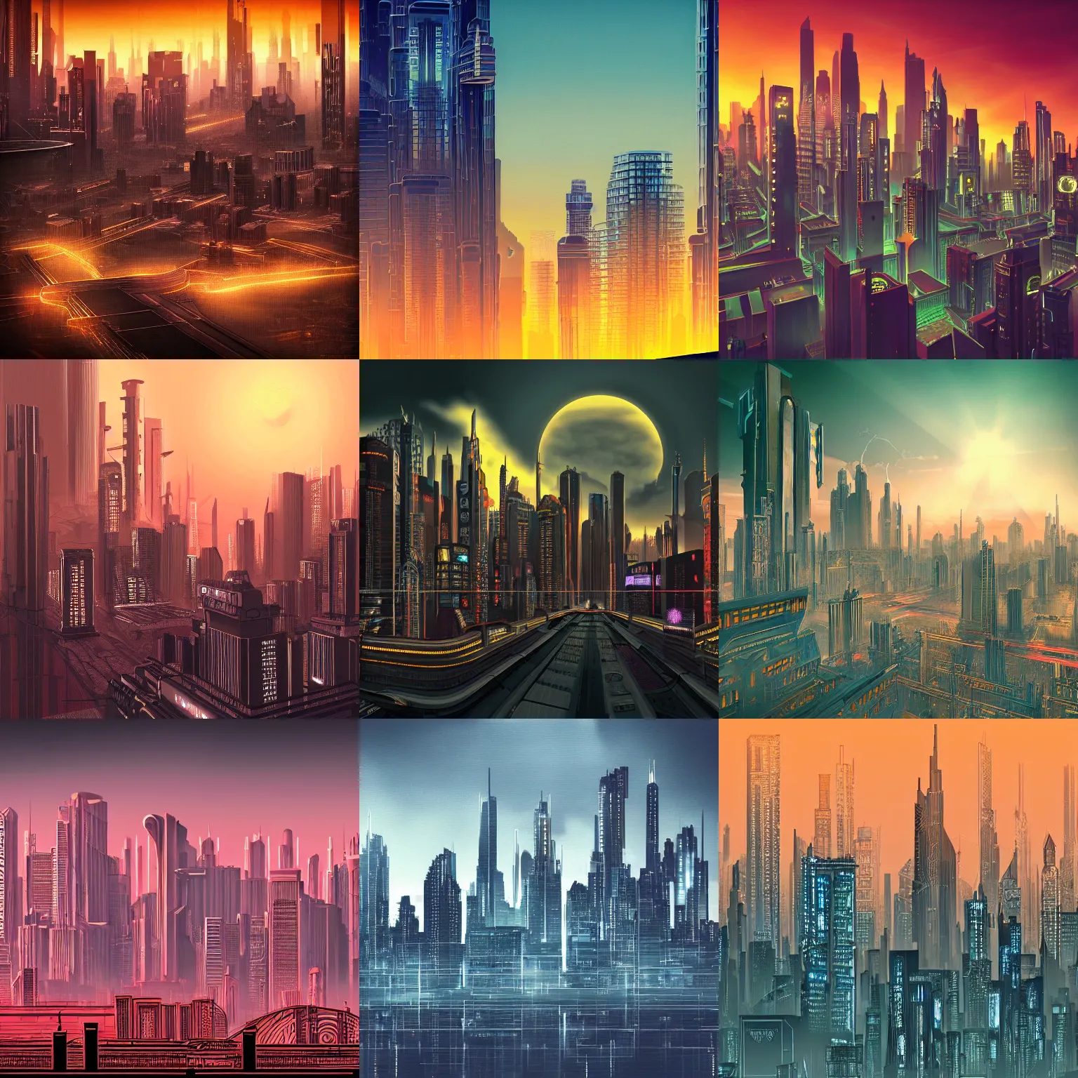 Prompt: beautiful detailed hyperrealistic photo of a cyberpunk art deco skyline at dusk