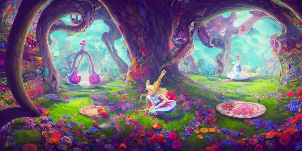 Prompt: Alice in Wonderland, falling down the rabbit hole, colorful, wide angle, super highly detailed, professional digital painting, artstation, concept art, smooth, sharp focus, no blur, no dof, extreme illustration, Unreal Engine 5, Photorealism, HD quality, 8k resolution, cinema 4d, 3D, beautiful, cinematic, art by artgerm and greg rutkowski and alphonse mucha and loish and WLOP