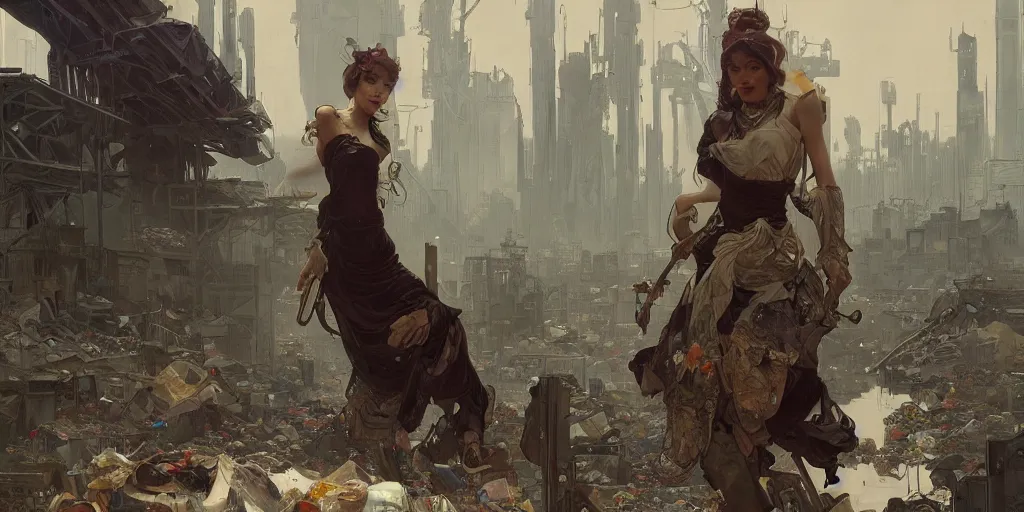 Image similar to garbage dump, city is pure wasteland, raining, detailed characters, alphonse mucha, greg rutkowski, trending on artstation, artgerm, breathtaking, sharp focus, smooth, mark arian, award winning, highly detailed 4 k art