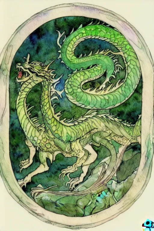 Image similar to green dragon watercolor painting in the center of a circular frame of leaves, art by walter crane and arthur rackham, illustration style, watercolor